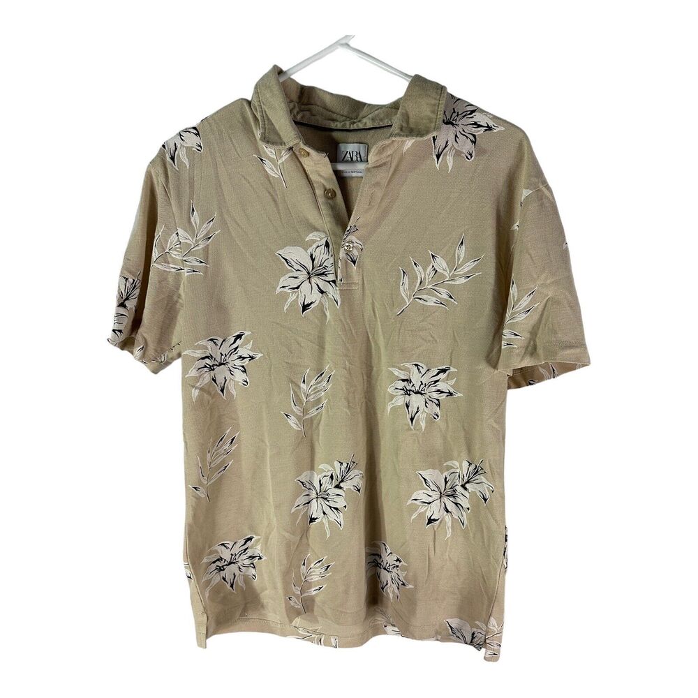 Zara Shirt Mens Large Button Up Beige Floral Hawaiian Casual Short Sleeve